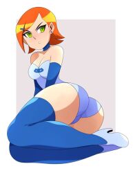 1girls abysswatchers alternate_version_available arm_gloves ass ben_10 border cartoon_network choker cleavage female female_only green_eyes gwen_tennyson hair_clip heels orange_hair short_hair short_orange_hair small_breasts solo thigh_highs white_border