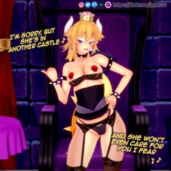 1girls 3d blonde_hair blue_eyes bowsette breasts busty curvaceous english_text female female_only heels hips horns hourglass_figure huge_ass huge_breasts igneuzz indoors mario_(series) mature mature_female new_super_mario_bros._u_deluxe nintendo panties pasties shell solo text thick thick_legs thick_thighs thighs underwear