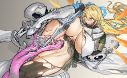 angry angry_face big_breasts blonde_hair blue_eyes blush braided_hair embarrassed exosister_mikailis exosisters graydle_slime huge_breasts imminent_rape laying_on_back long_hair mature_female melon22 muscular muscular_female muscular_thighs ripped_clothing ripped_pantyhose ripped_skirt slime slime_monster sword thick_thighs yu-gi-oh!