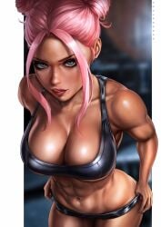 1girls abs big_breasts blue_eyes blush bubble_(dandon_fuga) busty child_bearing_hips cleavage dandon_fuga dark-skinned_female female female_focus female_only hair_bun large_breasts leaning_forward licking_lips looking_at_viewer muscular navel oc original original_character pink_hair sports_bra sports_uniform sportswear toned toned_female wide_hips