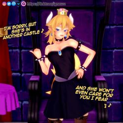 1girls 3d blonde_hair blue_eyes bowsette breasts busty curvaceous english_text female female_only fully_clothed heels hips horns hourglass_figure huge_ass huge_breasts igneuzz indoors mario_(series) mature mature_female new_super_mario_bros._u_deluxe nintendo shell solo text thick thick_legs thick_thighs thighs