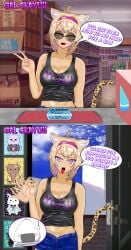 1girls 2koma ahoge alternate_color alternate_hair_color alternate_skin_color animal_ear_fluff animal_ears bandana black_tank_top blonde_hair blonde_pubic_hair buying_condoms cat_ears cat_tail catgirl condom_box convenience_store dark-skinned_female dark_skin door doorway eddarxart english_text eyebrow_cut eyebrow_piercing fangs fanservice fellatio_gesture freckles_on_breasts grocery_store gyaru handjob_gesture hololive hololive_gamers hololive_gen_1 hololive_japan imminent_handjob inugami_korone kogal leopard_tail looking_at_viewer navel navel_piercing nekomata_okayu ookami_mio open_fly panties_peek pov pov_doorway pubic_hair pubic_hair_peek purple_eyes shirakami_fubuki shorts suggestive sunglasses tail talking_to_viewer tank_top text_on_clothing tinted_eyewear tongue tongue_out tongue_piercing two-tone_hair virtual_youtuber vtuber