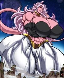 alternate_version android_21 android_21_(evil) arms_under_breasts artist_signature baggy_pants black_sclera detached_sleeves dragon_ball dragon_ball_fighterz earrings giantess hoop_earrings majin_android_21 mountains muscular_female nipples_bulge osmar-shotgun pink_skin pink_tail pointy_ears red_eyes solo_female solo_focus tail tongue tongue_out transformed tube_top tubetop vomi_(dragon_ball) white_hair white_pants