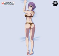 1girls ass back back_view bangs bare_back bare_legs barefoot bernadetta_von_varley big_ass blue_eyes bra breasts brown_panties crazzeffect dakimakura dakimakura_design female female_only fire_emblem fire_emblem:_three_houses large_breasts legs looking_at_viewer looking_back nintendo on_stomach open_mouth panties post-timeskip purple_hair short_hair solo underwear yellow_panties