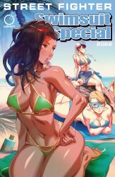 2022 3girls beach bikini black_hair blonde_hair blue_bikini breasts brown_hair bun_cover capcom chun-li commentary copyright_name dark-skinned_female dark_skin double_bun eye_mask female female_only front-tie_bikini_top front-tie_top fully_clothed green_bikini hair_bun kneeling laura_matsuda lying magazine magazine_cover multiple_girls ocean on_stomach palm_tree panzer_(pnzrk) rainbow_mika revealing_clothes sand sarong sitting street_fighter swimsuit tree twintails udon_entertainment