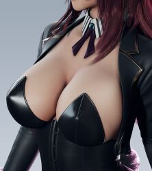 3d big_breasts blush breasts brown_hair bunny_ears bunny_girl bunny_tail bunnysuit collar earrings female female_only gloves green_eyes jacket latex leather_gloves long_hair primrose ryanreos smile solo_female solo_focus