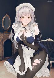 1girls apron blush breasts chowbie couch elbow_gloves fireplace gloves grey_hair large_breasts long_hair looking_at_viewer maid maid_apron maid_headdress maid_master maid_uniform mirror original pantyhose surprised torn_clothes torn_gloves torn_pantyhose yellow_eyes