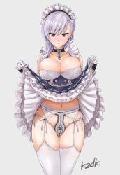 1girls apron azur_lane belfast_(azur_lane) blue_eyes breasts broken_chain chains chastity chastity_belt collar dress_lift female female_chastity female_only garter_belt garter_straps gloves grey_hair kazuo_daisuke large_breasts lock long_hair looking_at_viewer maid maid_apron maid_headdress maid_uniform navel padlock thighhighs