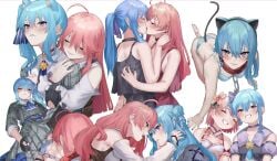 2girls all_fours belt belt_buckle black_dress blue_bra blue_eyes blue_hair blue_panties bra breasts cat_ears cat_tail chain_leash choker collar dress dress_lift earrings eredhen female female_only green_eyes grey_dress hair_ribbon hololive hololive_gen_0 hololive_japan hoshimachi_suisei hug_from_behind kissing large_breasts leash long_hair looking_at_viewer multiple_girls panties pet_play petplay pink_hair red_dress sakura_miko side_ponytail virtual_youtuber yuri