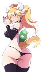 1girls abysswatchers ass blonde_hair blue_eyes bowsette female female_only horns mario_(series) new_super_mario_bros._u_deluxe ponytail simple_background solo standing tagme tail tied_hair white_background