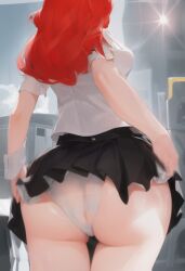 angle ass ass ass_focus castle_of_nations dress_lift law_of_talos rachel_(law_of_talos) red_hair red_hair soaked_panties viewed_from_below wet_panties