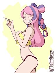 black_panties blush green_eyes grin looking_at_viewer miriam_(pokemon) needle no_pants one_eye_closed painted_nails panties pokemon pokemon_sv smile tagme teliodraw thighs two_tone_hair