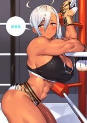 1girls abs after_fight ahoge alternate_version_available big_breasts blush boxing boxing_gloves boxing_ring breasts dark-skinned_female dark_skin defeat defeated female female_only fighting_ring gloves gray_hair grey_hair looking_back muscular_female natsuki_(sela_god) nipples_visible_through_clothing original sela_god silver_hair solo sport sports sports_bra sports_shorts sportswear sweat sweatdrop sweating sweaty sweaty_body tiger_print tiger_print_boxing_gloves tiger_print_gloves