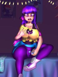 bed bedroom big_breasts big_breasts big_breasts breast_grab breasts clothed drool femsub glitch_techs glowing_eyes hypnotico large_breasts large_hips long_hair looking_at_viewer masturbation miko_kubota open_mouth pink_eyes purple_hair sitting spiral spiral_eyes