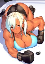 1girls after_fight ahoge alternate_version_available annoyed annoyed_expression big_breasts black_boxing_gloves black_gloves blush boxing boxing_gloves boxing_ring breasts dark-skinned_female dark_skin defeat defeated female female_only fighting_ring gloves gray_hair looking_up muscular_female natsuki_(sela_god) original sela_god silver_hair solo sport sports sports_bra sports_shorts sportswear sweat sweatdrop sweating sweaty sweaty_body yellow_eyes