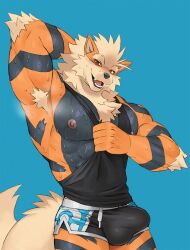 anthro arcanine armpit_fetish armpit_hair armpit_musk big_muscles bodily_fluids body_hair bottomwear bulge canid clothed clothing fluffy fluffy_tail fur generation_1_pokemon genital_outline gym_bottomwear gym_clothing gym_shorts hand_behind_head hi_res looking_at_viewer male male_only mammal muscular muscular_anthro muscular_male musk nintendo nipples open_mouth orange_body orange_fur pecs penis_outline pokemon pokemon_(species) rossciaco shirt shorts smile solo solo_male sweat tail tank_top tight_clothing topwear