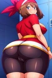 ai_generated arms_at_sides big_ass big_breasts bike_shorts blue_eyes blush bracelet brown_hair busty cameltoe cleavage covered_nipples curvy evil_smile female female_only from_behind hi_res highres indoors looking_at_viewer looking_back may_(pokemon) pokemon portrait red_bandana red_shirt seraphim_ai shiny smile solo stable_diffusion