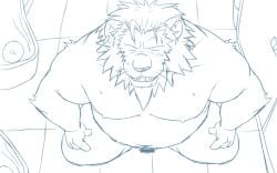 2023 anthro barely_visible_genitalia barely_visible_penis bathroom belly big_belly blush censored detailed_background felid genitals humanoid_hands kemono lion male mammal moobs nipples oogamikennta overweight overweight_male pantherine penis small_penis solo