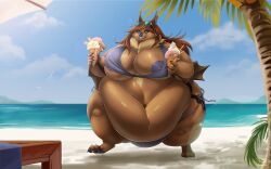 absurd_res anthro bat bat_wings beach beach_background big_breasts biglovealicia bikini breasts brown_body claws clothing dessert detailed_background detailed_food digital_media_(artwork) digitigrade ears_up eyewear eyewear_on_head female food fur green_blue_eyes hair hi_res huge_belly ice_cream light long_hair mammal membrane_(anatomy) membranous_wings morbidly_obese morbidly_obese_female neck_tuft nipples nubbly obese obese_female overweight overweight_female plant purple_nipples red_hair sand sea seaside signature sky solo sunglasses sunglasses_on_head sunlight swimwear thick_thighs tuft visible_nipples water wings