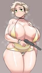 1girls big_breasts bracelet breasts busty curvy ear_piercing green_eyes gun huge_breasts large_breasts mctamagomaki pubic_hair pubic_hair_peek skimpy_clothes tagme venus_body voluptuous