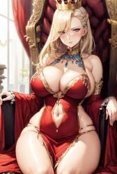 2023 ai_generated ai_hands attack_on_titan bangs big_breasts blonde_hair blue_eyes breasts_bigger_than_head cleavage clothed_female crown curvy_body curvy_female disappointed disapproval earrings female_focus frowning furrowed_brow gold_jewelry gold_trim hair_between_eyes historia_reiss hourglass_figure huge_breasts jewelry large_breasts long_hair looking_at_viewer mature mature_female milf navel necklace princess queen red_dress royalty scowl sitting sitting_on_throne solo_female stable_diffusion throne voluptuous voluptuous_female