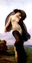 1girls belly_button black_hair covered_pussy exposed_breasts female female_only fine_art hair_bun le_crépuscule light-skinned_female light_skin moon public_domain realistic sea sky solo standing william-adolphe_bouguereau