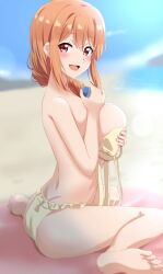 :d alluring ass beach beach_towel bikini bikini_top_removed blue_sky blurry blurry_background blush bottle braid breast_press breasts brown_hair commentary_request covering covering_breasts dars_(recolors) day feet female hair_between_eyes hair_over_shoulder highres holding holding_bottle large_breasts long_hair looking_at_viewer lotion milf my_teen_romantic_comedy_snafu ocean open_mouth red_eyes single_braid sitting sky smile soles solo sunlight sunscreen swimsuit toes towel wariza yellow_bikini yuigahama_yui's_mother