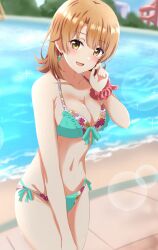 1girls :d alluring beach bikini blurry blurry_background blush breasts brown_hair cleavage cowboy_shot dars_(recolors) day earrings female female_only green_bikini hand_up heart heart_earrings high_res isshiki_iroha jewelry lens_flare looking_at_viewer medium_breasts medium_hair my_teen_romantic_comedy_snafu navel open_mouth outside scrunchie side-tie_bikini_bottom smile solo stomach swimsuit water wrist_scrunchie yellow_eyes