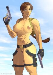 abs areolae backpack bag belt biceps big_breasts braid breasts brown_eyes brown_hair casual clitoris dual_wielding elee0228 female fingerless_gloves firearm gun handgun handwear human labia lara_croft lara_croft_(classic) legwear long_hair muscles muscular muscular_female navel nipples nude nude_female nudity pale_skin pistol pussy shaved_pussy standing tactical_nudity tagme thigh_high_boots tomb_raider vagina weapon