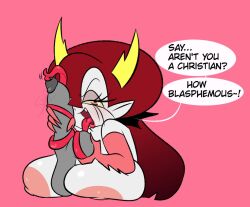 1boy 1girls areolae big_breasts big_penis blush boobjob breasts dialogue eyebrows eyelashes female hekapoo horns large_breasts large_penis long_hair long_tongue male orange_eyes partial_male penis pixelzsinful red_hair star_vs_the_forces_of_evil text text_bubble tongue tongue_out tonguejob white_body white_skin