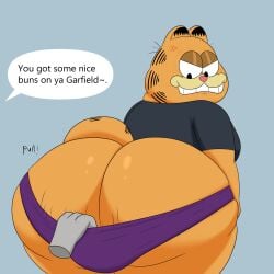 1boy angry anthro ass big_ass clothing colossalstars disembodied_hand feline garfield_(series) garfield_the_cat male male_only nermal_(garfield) removing_clothing shirt shorts superchub text thick_thighs