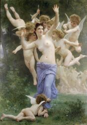 1girls angel belly_button black_hair christianity clothing exposed_breasts female fine_art flower forest light-skinned_female light_skin medium_breasts religion short_hair skirt small_image the_heart's_awakening william-adolphe_bouguereau