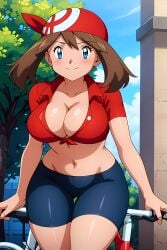 ai_generated arms_at_sides bicycle big_breasts bike_shorts blue_eyes blush brown_hair busty cleavage collarbone crop_top curvy facing_viewer female female_only hi_res highres looking_at_viewer may_(pokemon) navel outdoors pokemon red_bandana red_shirt seraphim_ai sleeveless sleeveless_shirt smile solo stable_diffusion standing tied_shirt