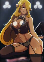 big_breasts black_panties blonde_hair bowtie cleavage collar cynthia_(pokemon) garter_straps long_hair nintendo panties piano pokémon pokemon pokemon_champion pokemon_dppt stockings thick_thighs vest vivivoovoo