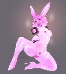 <3_eyes amputee anthro anus armless blush breasts disability double_amputee female gag gagged goo_creature heart hi_res lagomorph leporid mammal navel nude penetrable_gag pink_body rabbit solo sweetburn