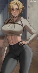 1girls abs annie_leonhardt attack_on_titan blonde_hair blue_eyes breasts crop_top female female_only large_breasts looking_at_viewer medium_hair midriff no_visible_genitalia oroborusart savagexthicc shingeki_no_kyojin solo sportswear thick_thighs wide_hips