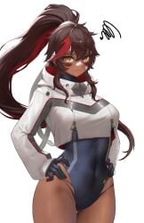 1girls annoyed arc2urus big_breasts blush brown_eyes brown_hair clothed dark-skinned_female hair_ornament juliette_(omega_strikers) long_hair looking_at_viewer omega_strikers ponytail red_hair solo standing sweat thick_thighs torn_clothes white_background