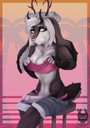 absurd_res anthro breasts candy charonnix dessert female food futanari genitals hi_res intersex intersex/female jackie_(charonnix) jakalope lagomorph leporid lollipop mammal painted_background penis pose rabbit solo