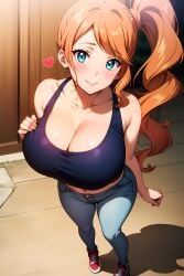 1girls ai_generated big_breasts blue_crop_top blue_eyes blue_jeans blush busty collarbone crop_top curvy facing_forward facing_viewer female female_only from_above hand_on_breast heart hi_res highres indoors jeans light_jeans light_smile long_hair navel orange_hair pokemon red_sneakers seraphim_ai side_ponytail solo sonia_(pokemon) stable_diffusion standing