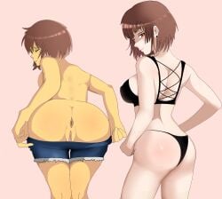 2girls anus ass ass_focus black_bra black_lingerie black_panties black_underwear bra brown_hair chara female female_only frisk hentai indigopencil light-skinned_female lingerie looking_at_viewer looking_back multiple_girls nude panties pants_down pants_pulled_down patreon pussy red_eyes short_hair shorts simple_background solid_color_background spread_anus twitter_username undertale undertale_(series) underwear undressing vaginal_penetration video_games