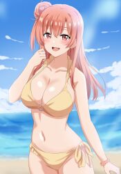 1girls :d alluring arm_at_side arms_up beach bikini blue_sky blush breasts cleavage cloud collarbone commentary_request dars_(recolors) day hair_between_eyes hair_bun halterneck hand_up highres horizon large_breasts long_hair looking_at_viewer my_teen_romantic_comedy_snafu navel o-ring o-ring_top ocean open_mouth outdoors pink_eyes pink_hair scrunchie side-tie_bikini_bottom single_hair_bun sky smile solo standing stomach sunlight swimsuit teeth upper_teeth_only wrist_scrunchie yellow_bikini yuigahama_yui