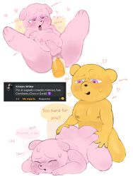 2023 anal anthro balls bear belly closed_eyes coco_(unicorn_wars) duo english_text erection genitals gordi_(unicorn_wars) hi_res male male/male mammal meruch4n moobs nipples penis pink_body purple_eyes sex slightly_chubby spanish_text text unicorn_wars