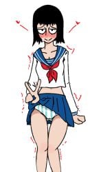 black_hair blue_skirt blush blush_lines breasts cameltoe cleavage heart kurata_tome midriff mob_psycho_100 motion_lines panties pantsu peace_sign shaking shaking_legs shimapan skirt skirt_lift thewurmer white_background