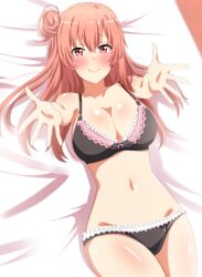 aged_up alluring bed bed_sheet black_bra black_panties blush bra breasts cleavage closed_mouth collarbone commentary cowboy_shot dars_(recolors) female frilled_bra frilled_panties frills hair_between_eyes hair_bun large_breasts long_hair looking_at_viewer lying my_teen_romantic_comedy_snafu navel outstretched_arms outstretched_hand panties pink_eyes pink_hair single_hair_bun smile solo spread_fingers underwear underwear_only yuigahama_yui