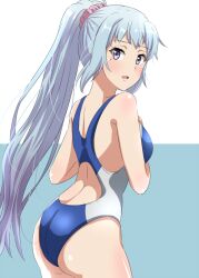 1girls alluring ass bare_shoulders blue_background blue_hair blue_one-piece_swimsuit blush breasts commentary_request cowboy_shot dars_(recolors) facing_away female gradient_hair grey_eyes hand_on_own_chest hands_up high_ponytail kawasaki_saki leaning_forward long_hair looking_at_viewer looking_back medium_breasts mole mole_under_eye multicolored_hair my_teen_romantic_comedy_snafu one-piece_swimsuit open_mouth pink_scrunchie ponytail scrunchie sidelocks simple_background smile solo standing swimsuit two-tone_background very_long_hair white_background