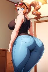 ai_generated arms_at_sides big_ass big_breasts black_shirt blue_eyes blue_jeans blush busty clothed curvy female female_only from_behind heart-shaped_glasses heart_hair_ornament hi_res highres indoors jeans light_jeans looking_at_viewer looking_back orange_hair pokemon seraphim_ai side_ponytail sleeveless sleeveless_shirt solo sonia_(pokemon) stable_diffusion standing sunglasses_on_head thick_thighs thighs