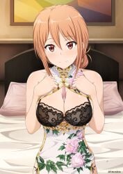 alluring between_breasts black_bra blush bra breasts cleavage closed_mouth covered_collarbone dress female floral_print hair_between_eyes hands_up indoors inoshira large_breasts light_smile looking_at_viewer mature_female my_teen_romantic_comedy_snafu orange_hair painting_(object) panties pillow red_eyes sbed side-tie_panties sleeveless sleeveless_dress solo twitter_username underwear upper_body white_dress yuigahama_yui's_mother