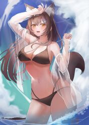 1girls ajigata_yunon animal_ears belly_button big_breasts bikini breasts brown_bikini brown_hair clouds female female_only hairclips happy light-skinned_female light_skin necklace reso_(reso_l) sky solo swimsuit tail translucent_clothing virtual_youtuber vrecord water wolf_ears wolf_girl wolf_tail yellow_eyes