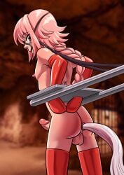 1boy angry arms_behind_back astolfo_(fate) braid braided_hair bridle commission commission_art commissioner_upload cuuki0 erection fate/grand_order fate_(series) large_penis long_hair nude nude_male ponyplay ponytail red_eyes solo solo_male tail_plug thighhighs