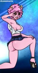 2020 antennae armpit armpits ass black_eyes blue_background breasts clothed clothed_female female female_only high_heels lewdershooter mina_ashido my_hero_academia pink_body pink_hair pink_skin short_hair sideboob skirt skirt_too_short tank_top thighs yellow_eyes